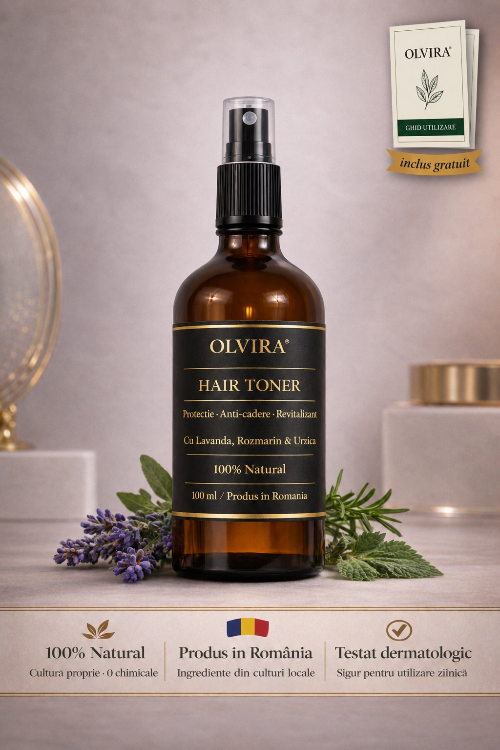 Olvira Hair Toner – Toner Natural pentru Păr cu Lavandă, Rozmarin & Urzică – 100ml