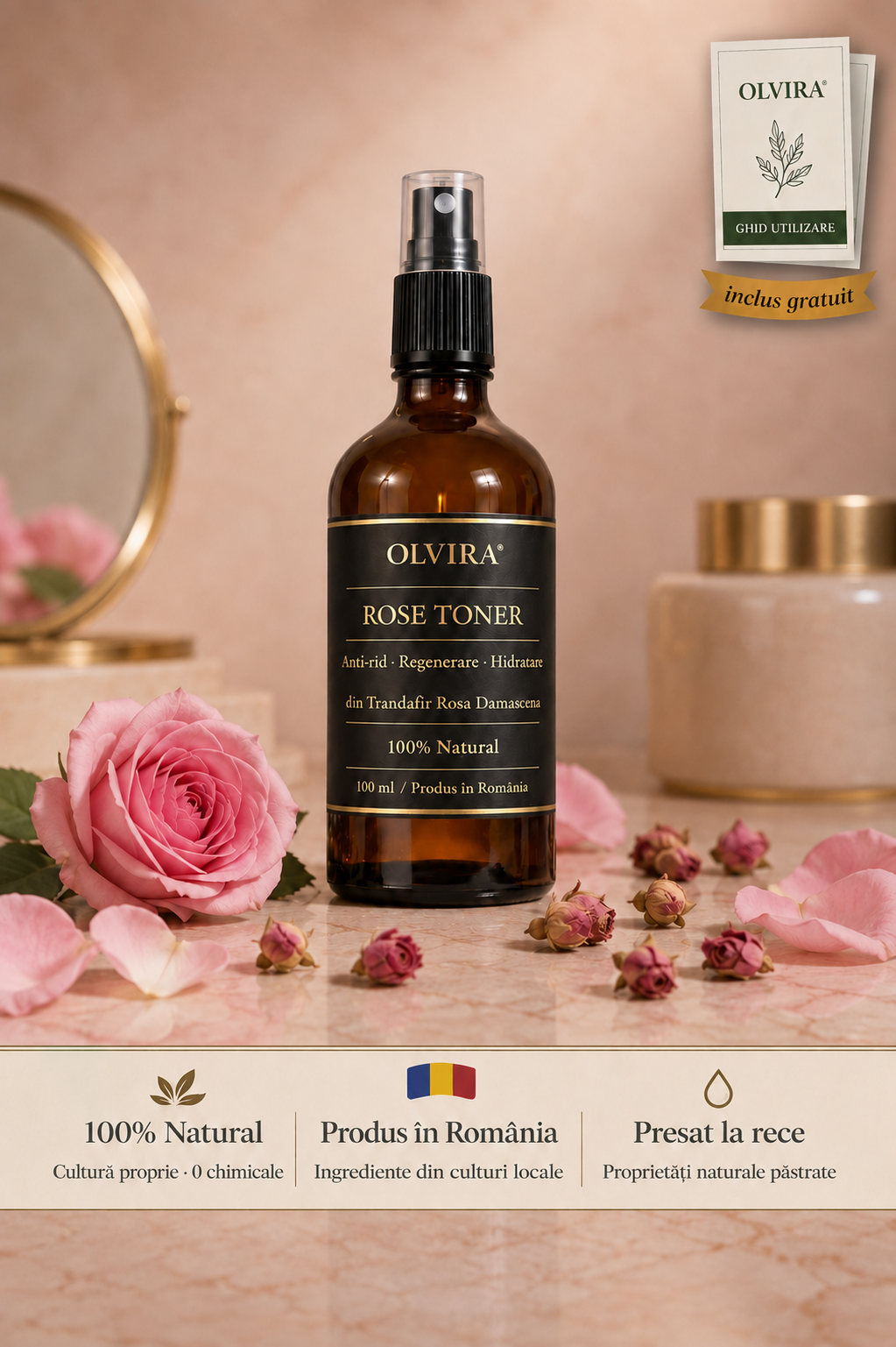 Olvira Rose Toner Refacere & Hidratare · Toner Trandafir 100% Natural · 100ml