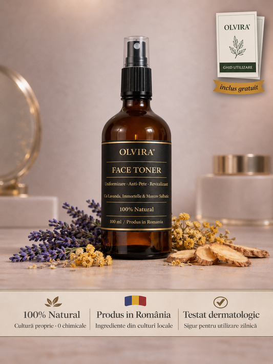 Olvira Toner Anti-Pigmentare – Toner Facial Natural 100% cu Lavandă, Immortelle & Morcov Sălbatic – 100ml