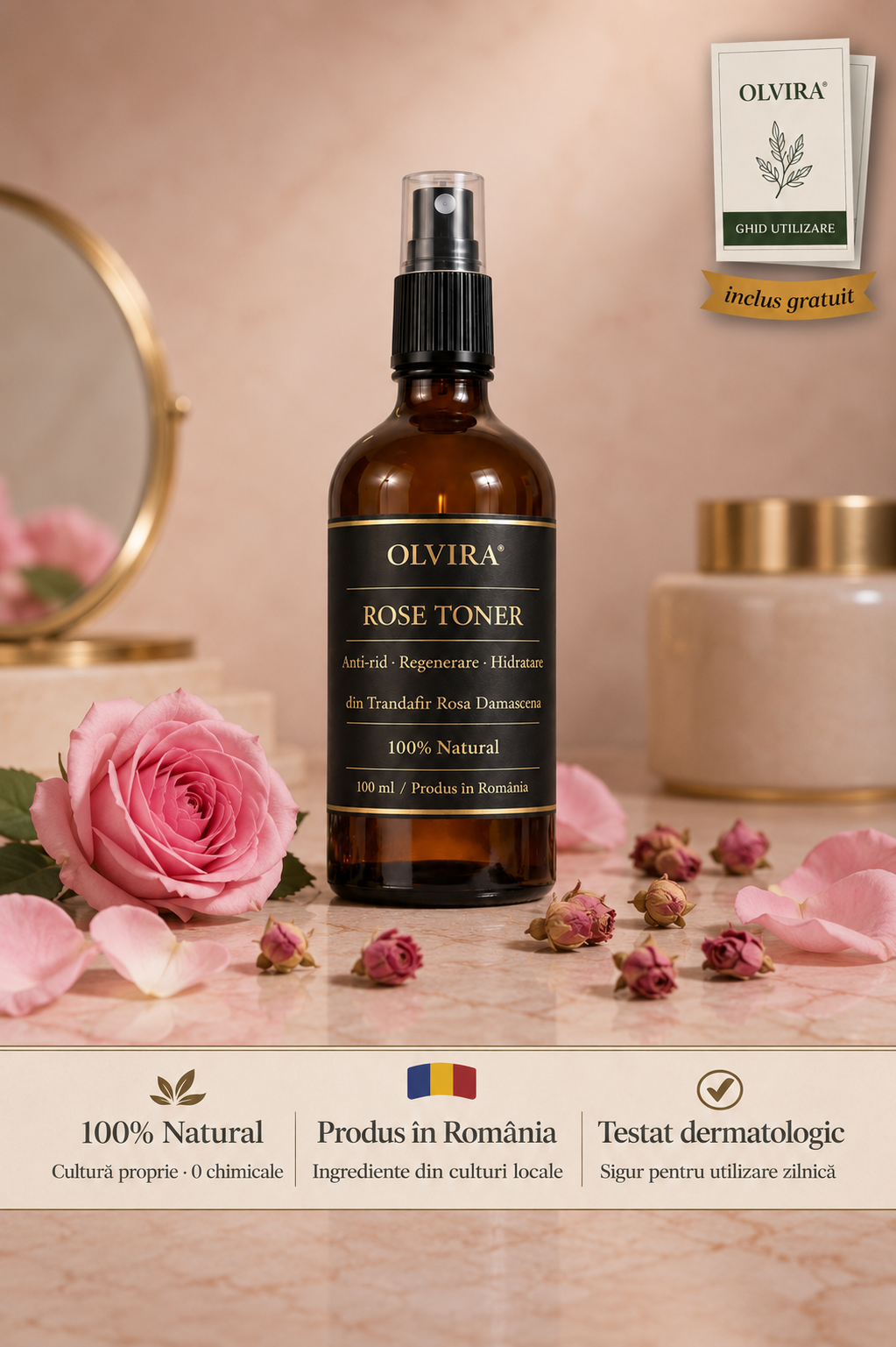 Olvira Rose Toner Regenerare & Hidratare · Toner Trandafir 100% Natural · 100ml